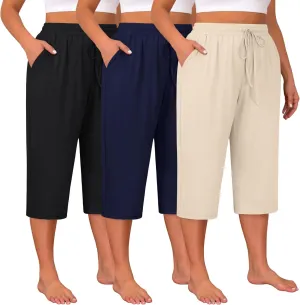 Huukeay 3 Pack Women's Plus Size Capris, Drawstring Cotton Yoga Capri Sweatpants Summer Casual Loose Cropped Pant with Pocket
