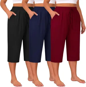 Huukeay 3 Pack Women's Plus Size Capris, Drawstring Cotton Yoga Capri Sweatpants Summer Casual Loose Cropped Pant with Pocket