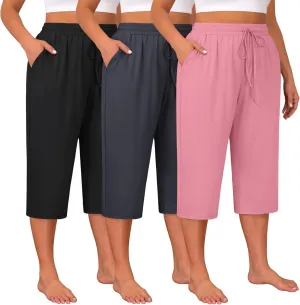 Huukeay 3 Pack Women's Plus Size Capris, Drawstring Cotton Yoga Capri Sweatpants Summer Casual Loose Cropped Pant with Pocket