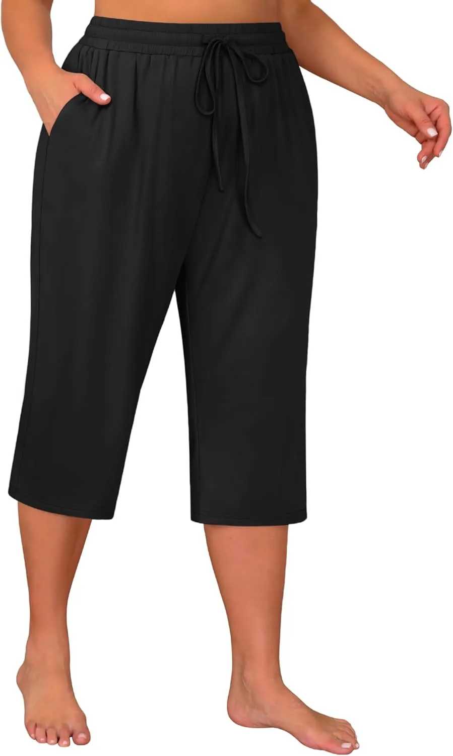 Huukeay 3 Pack Women's Plus Size Capris, Drawstring Cotton Yoga Capri Sweatpants Summer Casual Loose Cropped Pant with Pocket