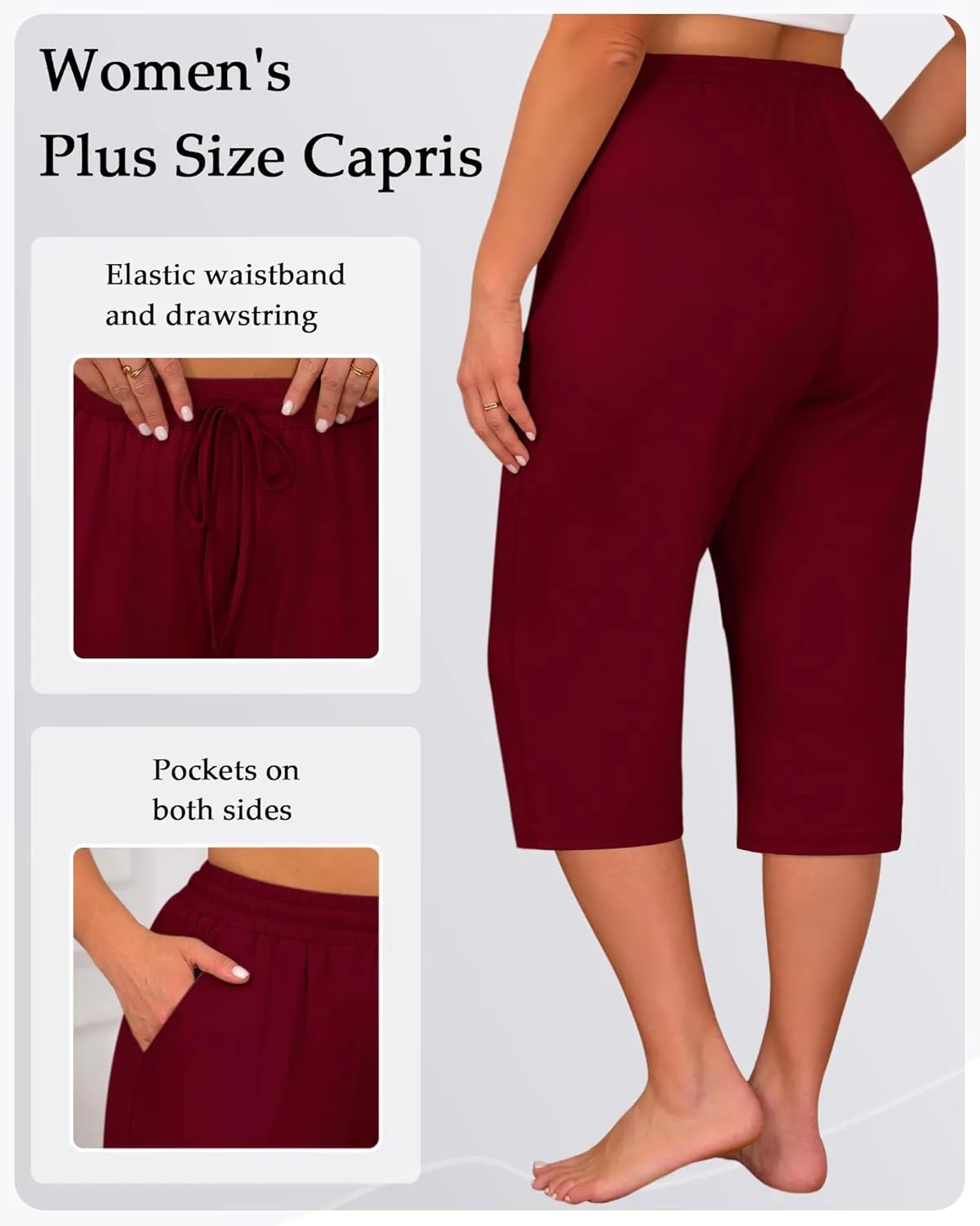 Huukeay 3 Pack Women's Plus Size Capris, Drawstring Cotton Yoga Capri Sweatpants Summer Casual Loose Cropped Pant with Pocket