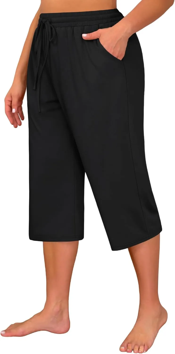 Huukeay 3 Pack Women's Plus Size Capris, Drawstring Cotton Yoga Capri Sweatpants Summer Casual Loose Cropped Pant with Pocket