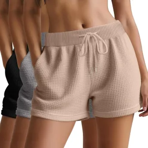 Huukeay 3 Pack Women's Waffle Knit Shorts Drawstring Casual Lounge Pajama Bottoms Comfy Summer Shorts with Pockets