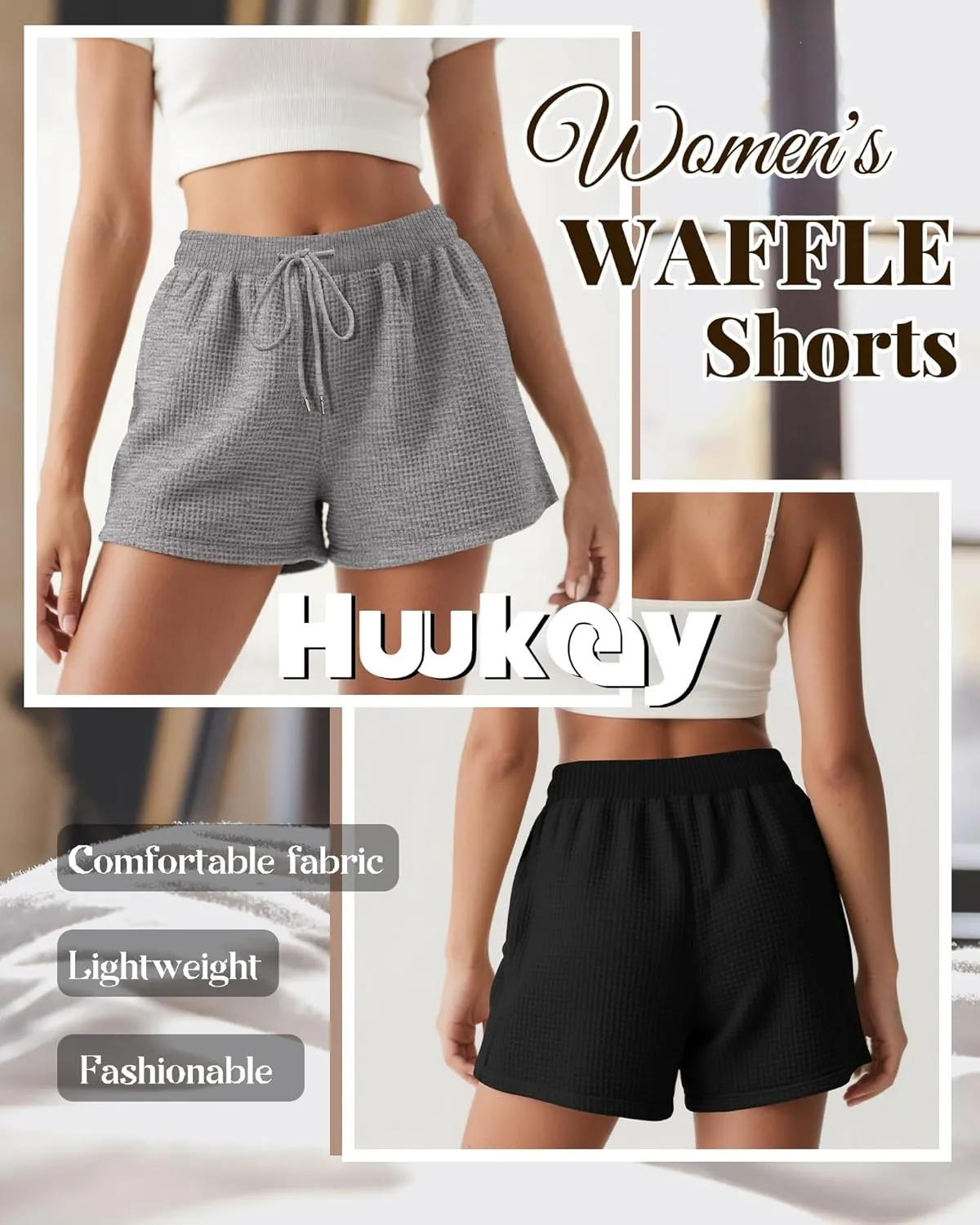 Huukeay 3 Pack Women's Waffle Knit Shorts Drawstring Casual Lounge Pajama Bottoms Comfy Summer Shorts with Pockets