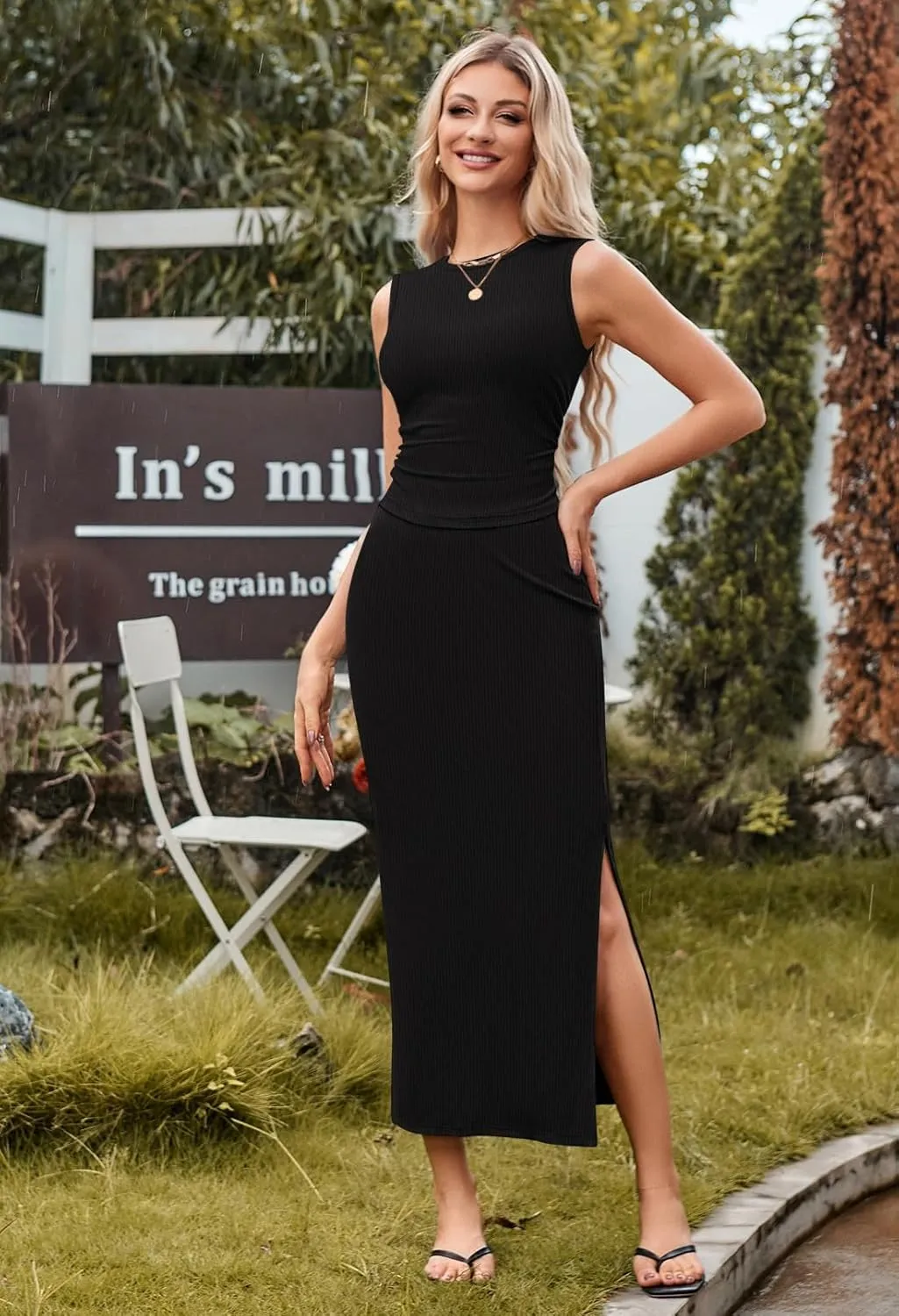 HUUSA Womens Two Piece Outfits Summer Bodycon Sleeveless Crewneck Crop Tank Tops Ribbed Split Long Skirt Dress Set