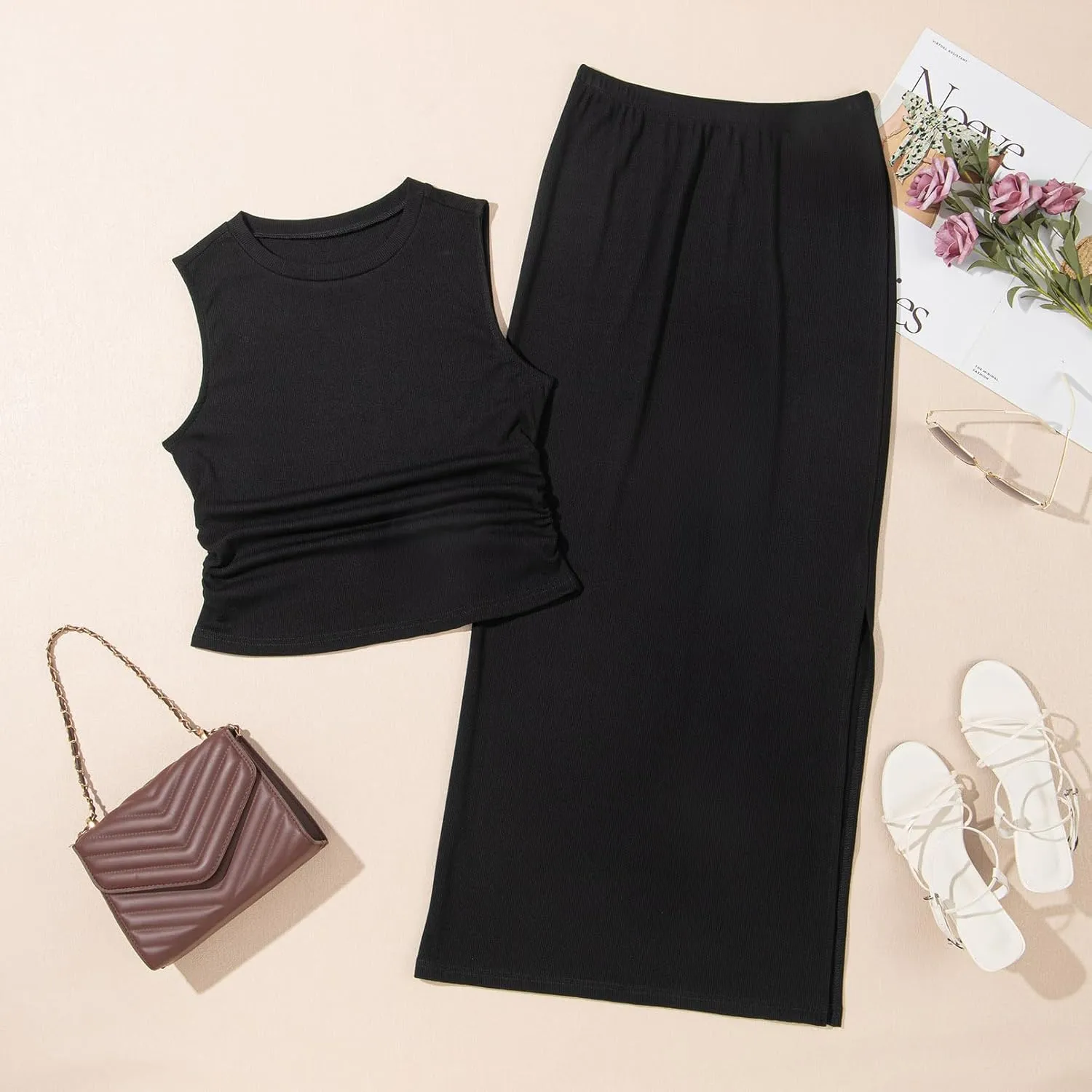 HUUSA Womens Two Piece Outfits Summer Bodycon Sleeveless Crewneck Crop Tank Tops Ribbed Split Long Skirt Dress Set