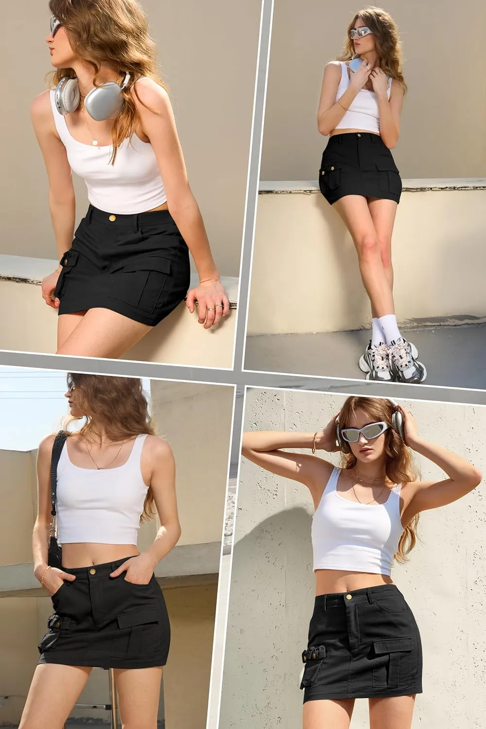 IVIR Women's Cargo Skirt Mini Skirt Y2K Summer Elastic Waist 6 Pockets Button Bodycon Short Denim Skirts