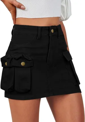 IVIR Women's Cargo Skirt Mini Skirt Y2K Summer Elastic Waist 6 Pockets Button Bodycon Short Denim Skirts