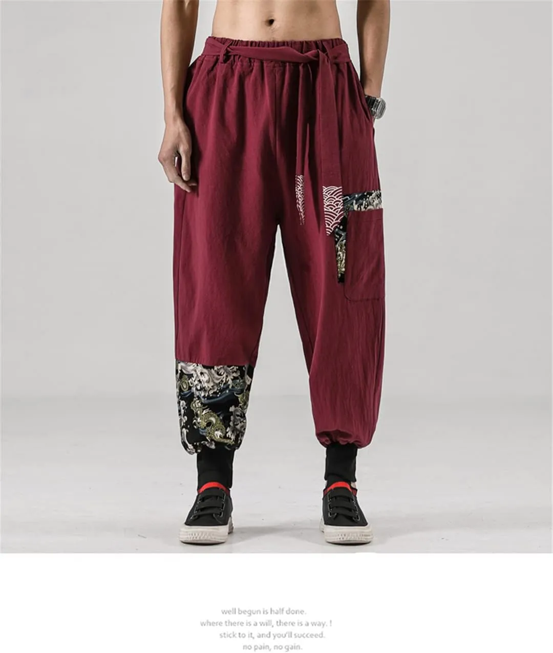 Japanese Kimono Men Cotton Linen Costume Belt Retro Harem Pants Baggy Trousers Harajuku Hip Hop