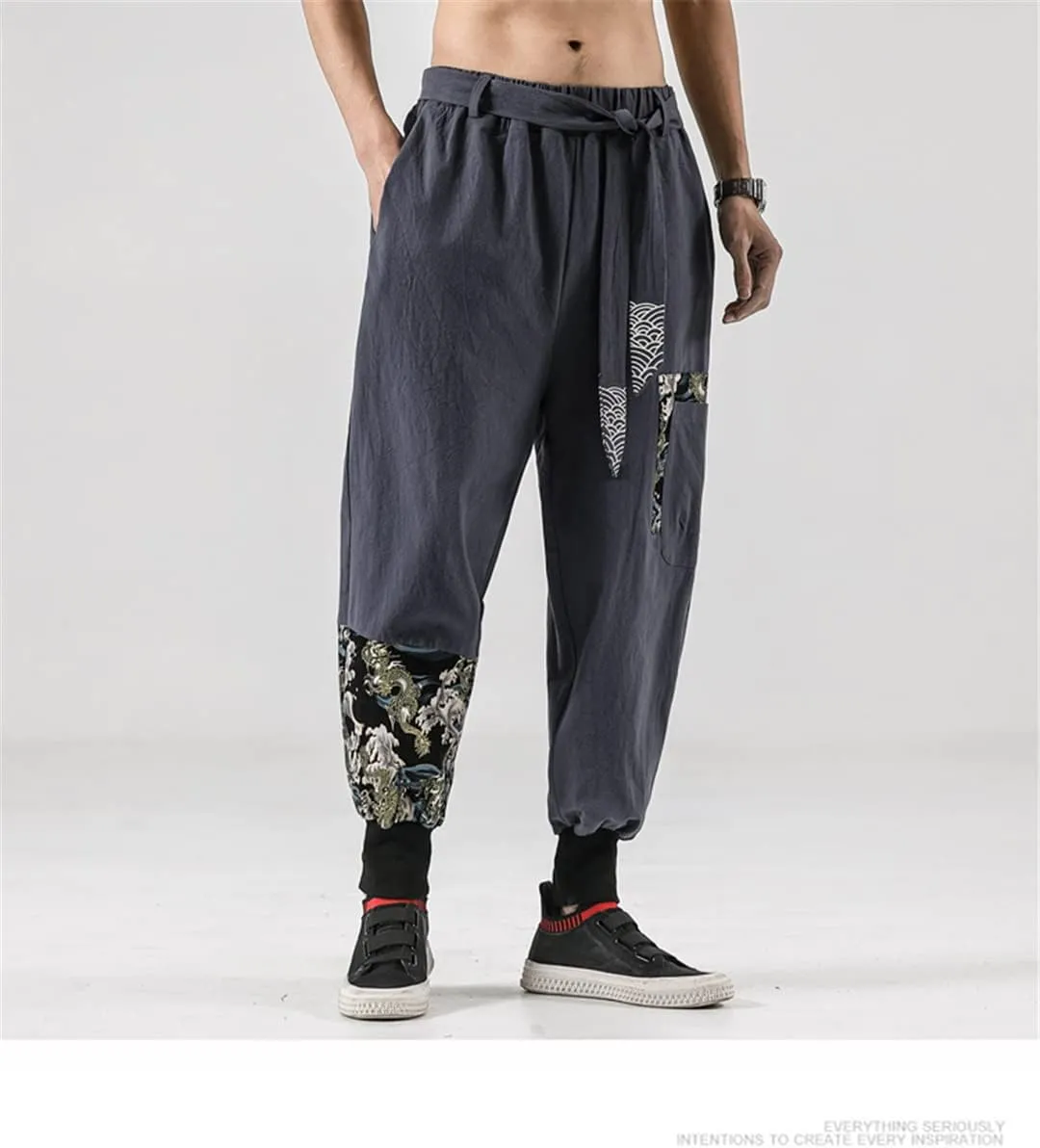 Japanese Kimono Men Cotton Linen Costume Belt Retro Harem Pants Baggy Trousers Harajuku Hip Hop