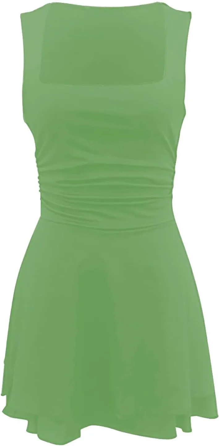 JOAU Women's Square Neck Layered Ruffle Hem Mini Dress Sleeveless Low Cut A-Line Swing Ruched Waist Short Party Dresses