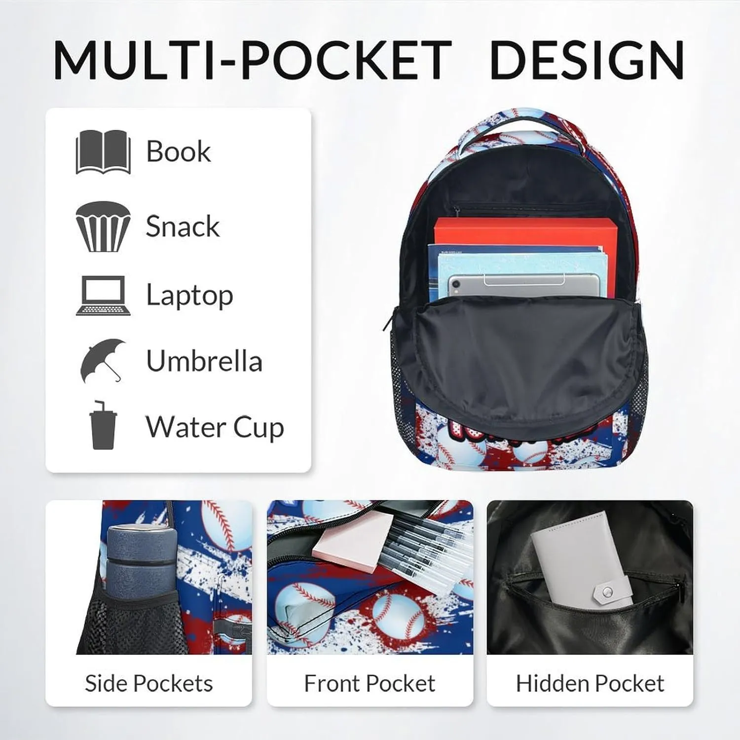 Kids Backpack, Custom Cool Bookbag for Elementary Middle, 17 Inch Baseball School Bag