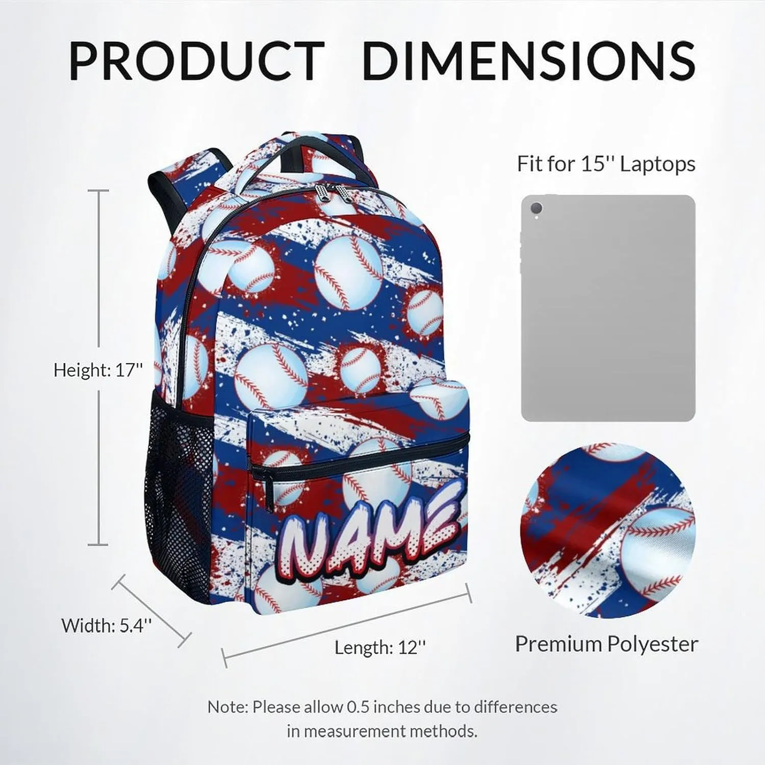 Kids Backpack, Custom Cool Bookbag for Elementary Middle, 17 Inch Baseball School Bag