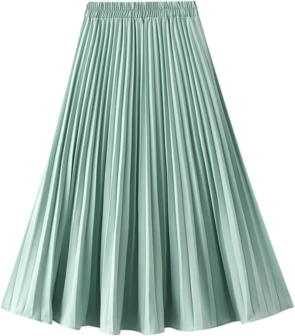 Korean Style Pleated Mid Length Skirt Spring Women High Waist A-Line Solid Color Skirts