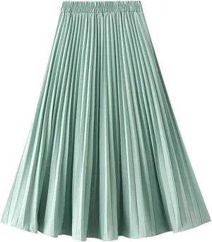 Korean Style Pleated Mid Length Skirt Spring Women High Waist A-Line Solid Color Skirts