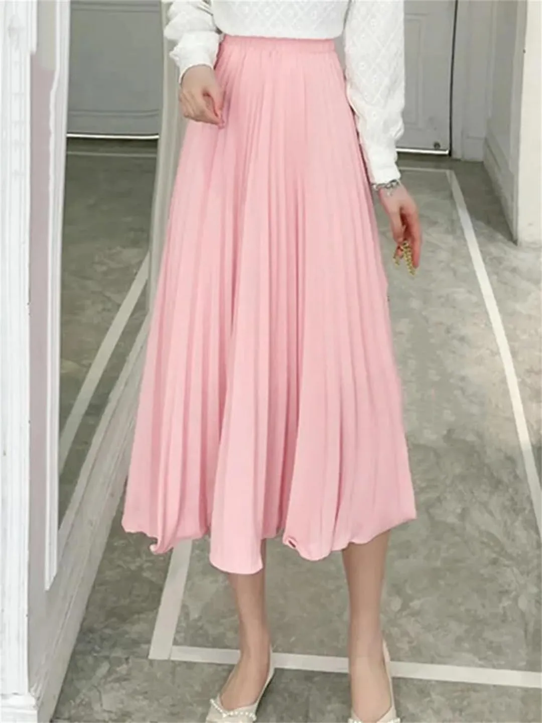 Korean Style Pleated Mid Length Skirt Spring Women High Waist A-Line Solid Color Skirts