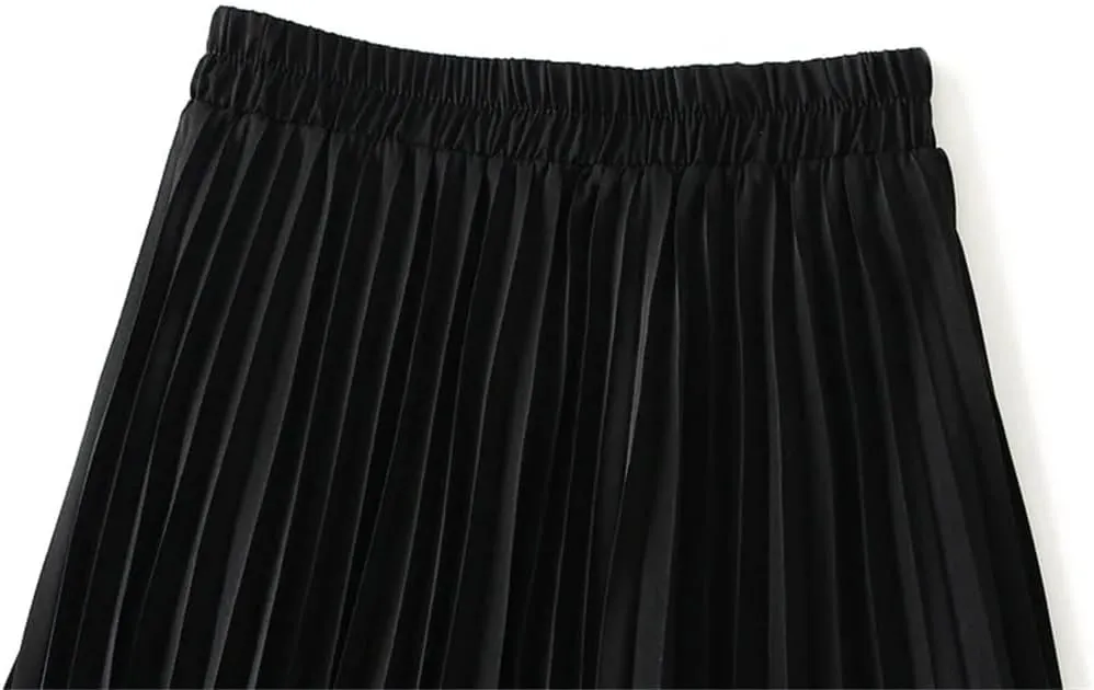 Korean Style Pleated Mid Length Skirt Spring Women High Waist A-Line Solid Color Skirts