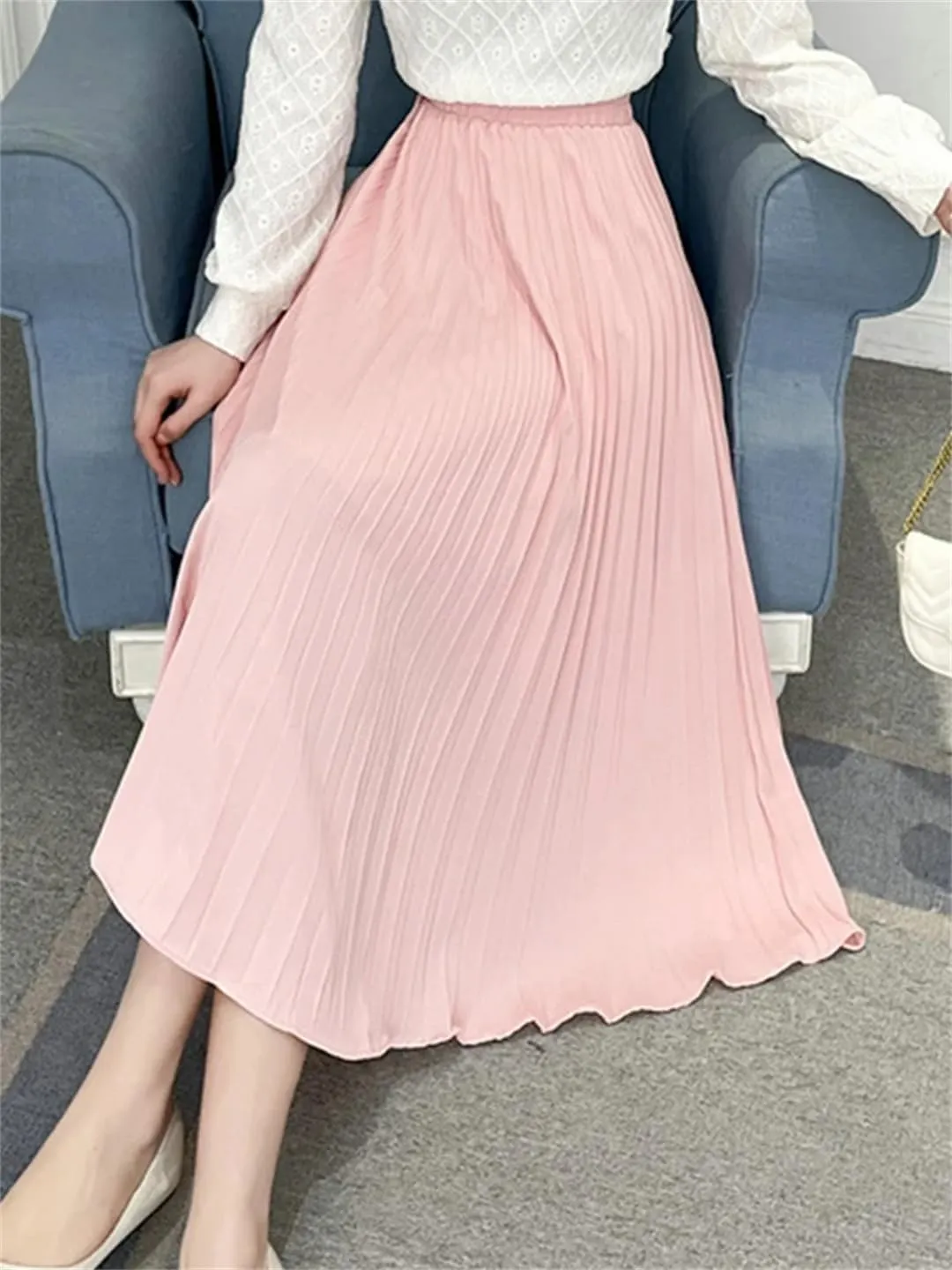 Korean Style Pleated Mid Length Skirt Spring Women High Waist A-Line Solid Color Skirts