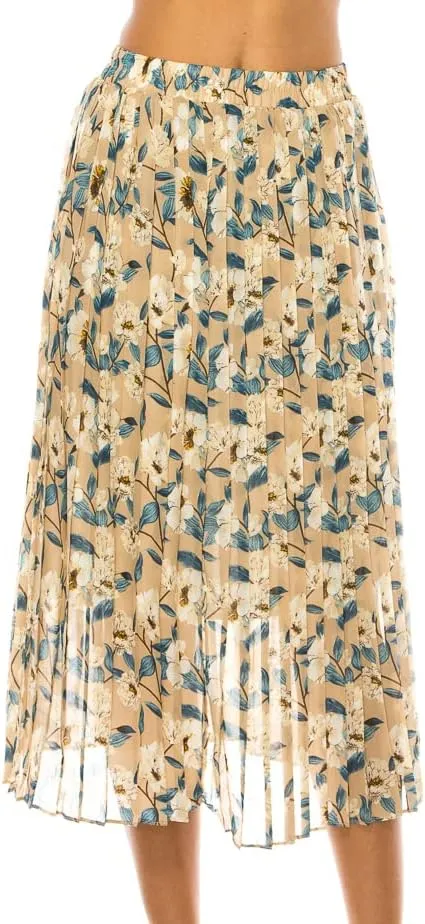 LA12ST Women Pleated A-Line High Waist Swing Flare Midi Skirt