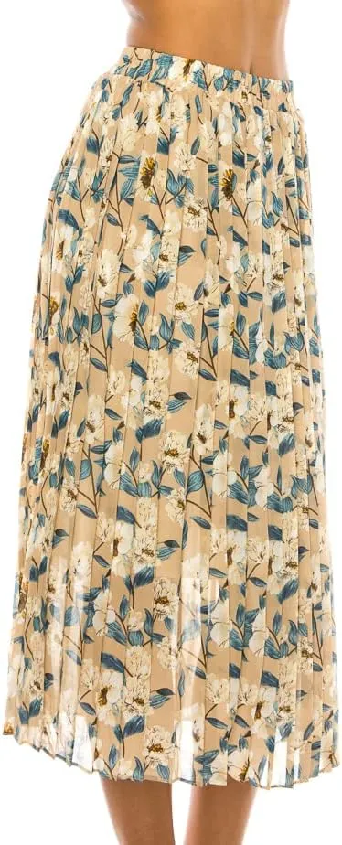 LA12ST Women Pleated A-Line High Waist Swing Flare Midi Skirt