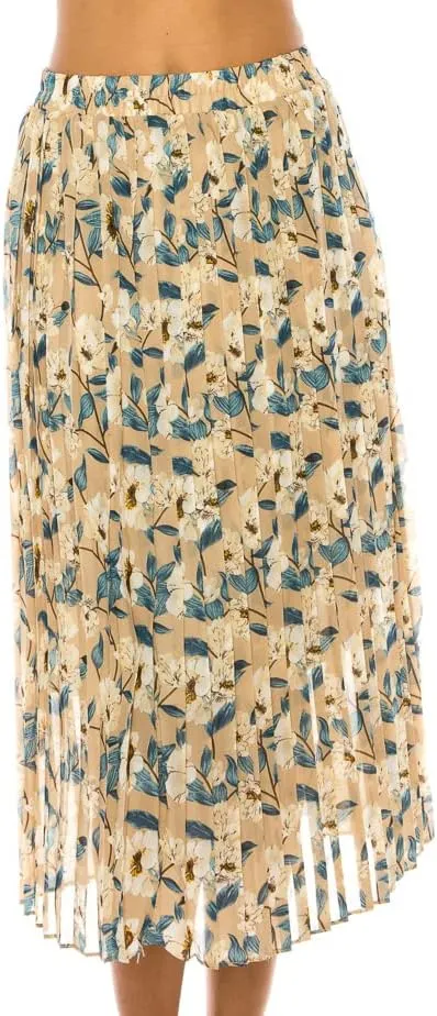 LA12ST Women Pleated A-Line High Waist Swing Flare Midi Skirt