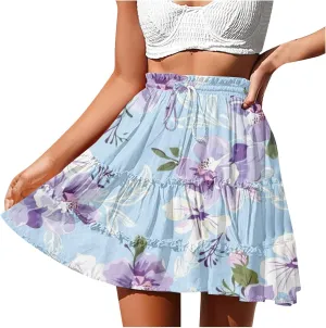 Ladies Floral Boho Skirts 2025 Trendy Summer Ruffle Swing Beach Skirt Casual Bohemian Vacation Skirt for Women