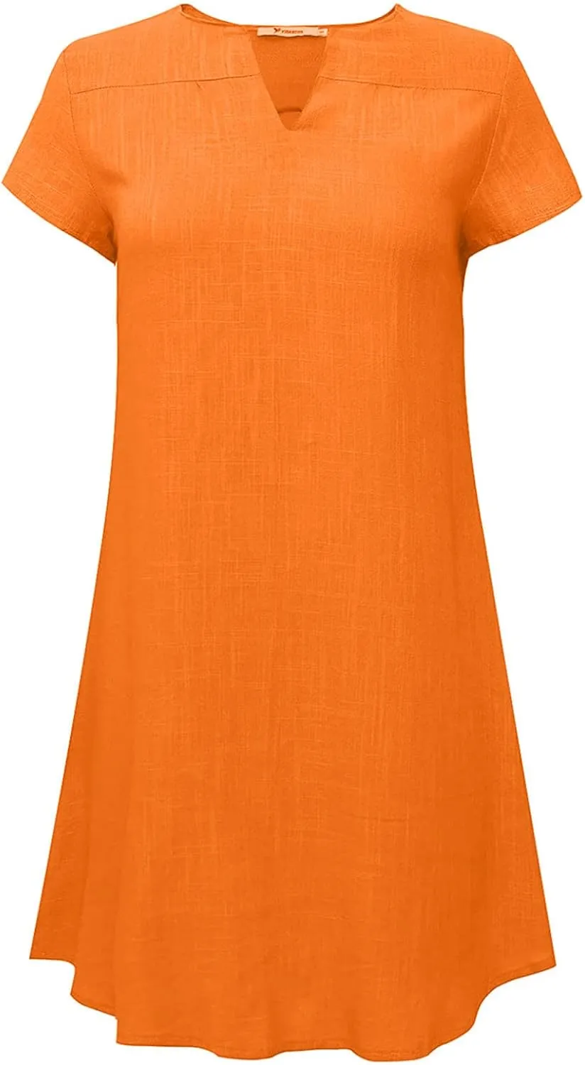Ladies Solid Cotton Linen Casual Dress Loose Linen Mini Dress for Women Summer Dresses Pockets Comfy Beach Dresses 2023