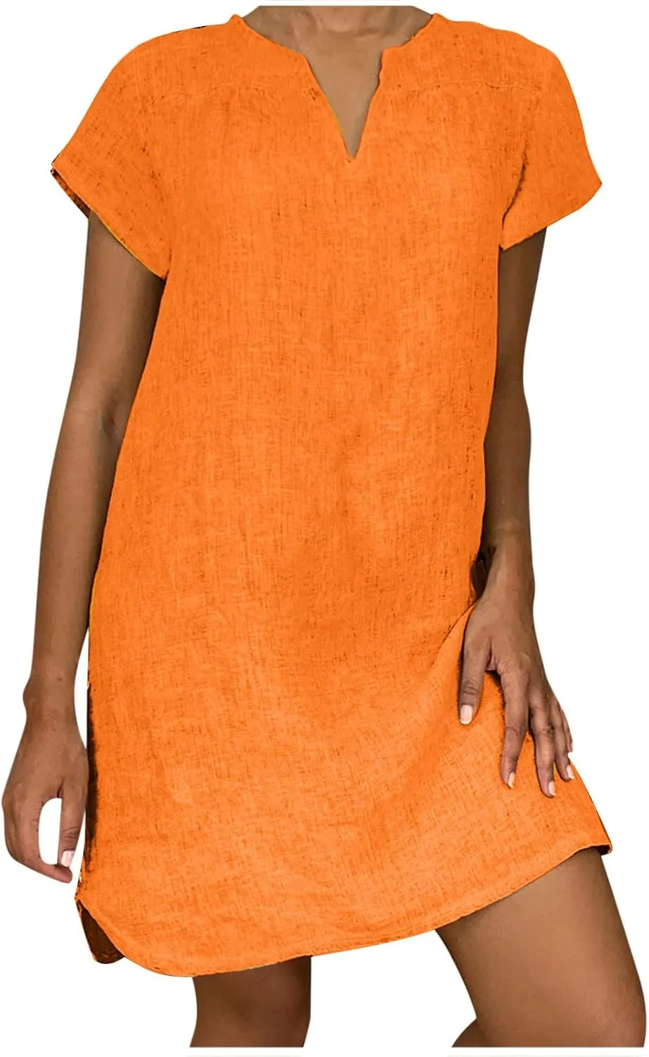Ladies Solid Cotton Linen Casual Dress Loose Linen Mini Dress for Women Summer Dresses Pockets Comfy Beach Dresses 2023
