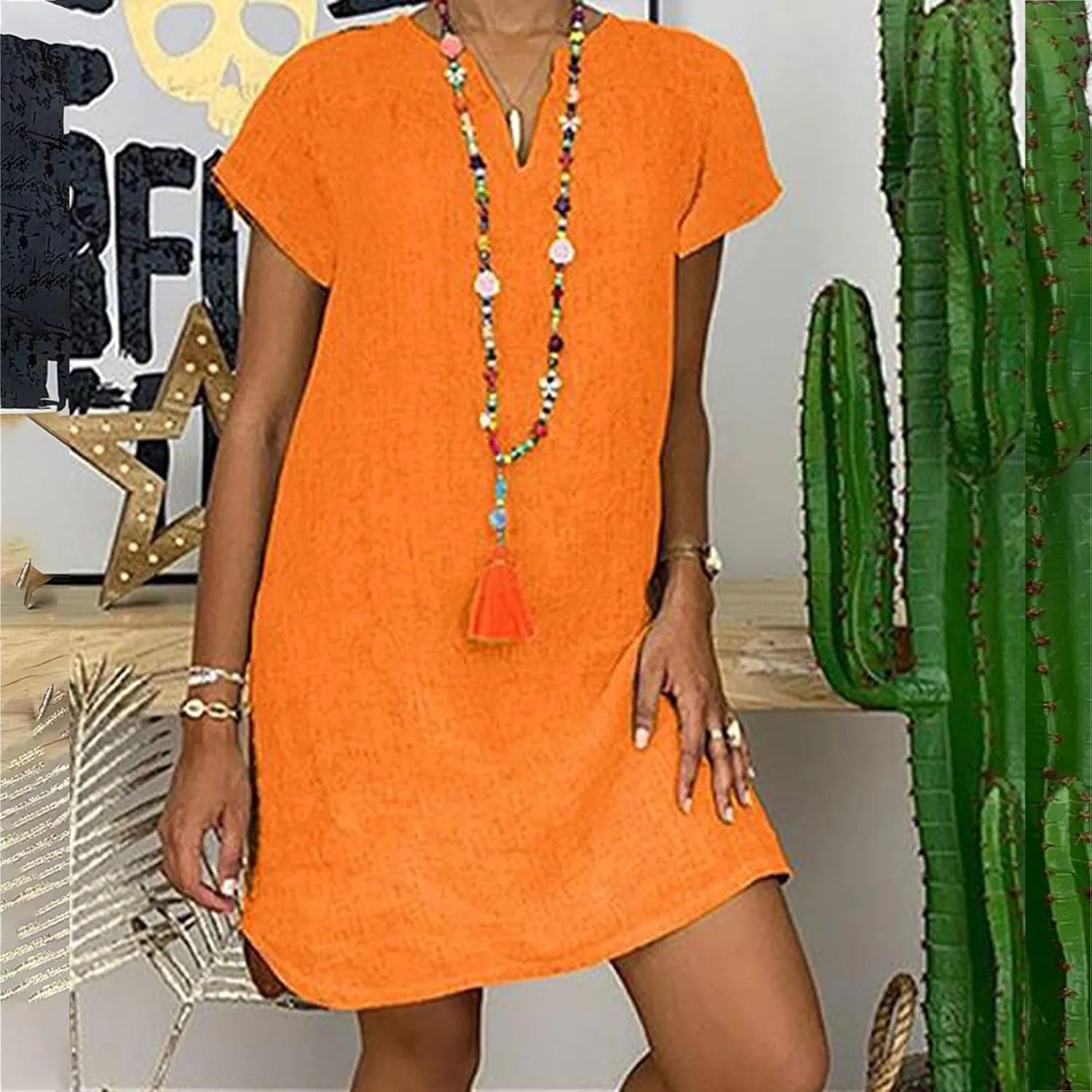 Ladies Solid Cotton Linen Casual Dress Loose Linen Mini Dress for Women Summer Dresses Pockets Comfy Beach Dresses 2023