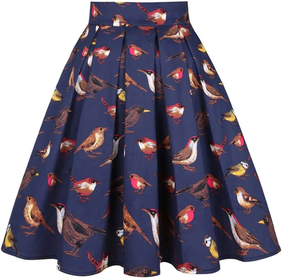 Leaf Birds Retro Floral Print Vintage Pleated Skirts Womens High Waist Midi Swing Skirt