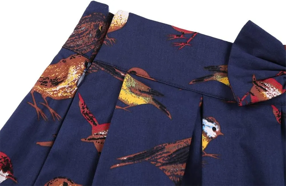 Leaf Birds Retro Floral Print Vintage Pleated Skirts Womens High Waist Midi Swing Skirt