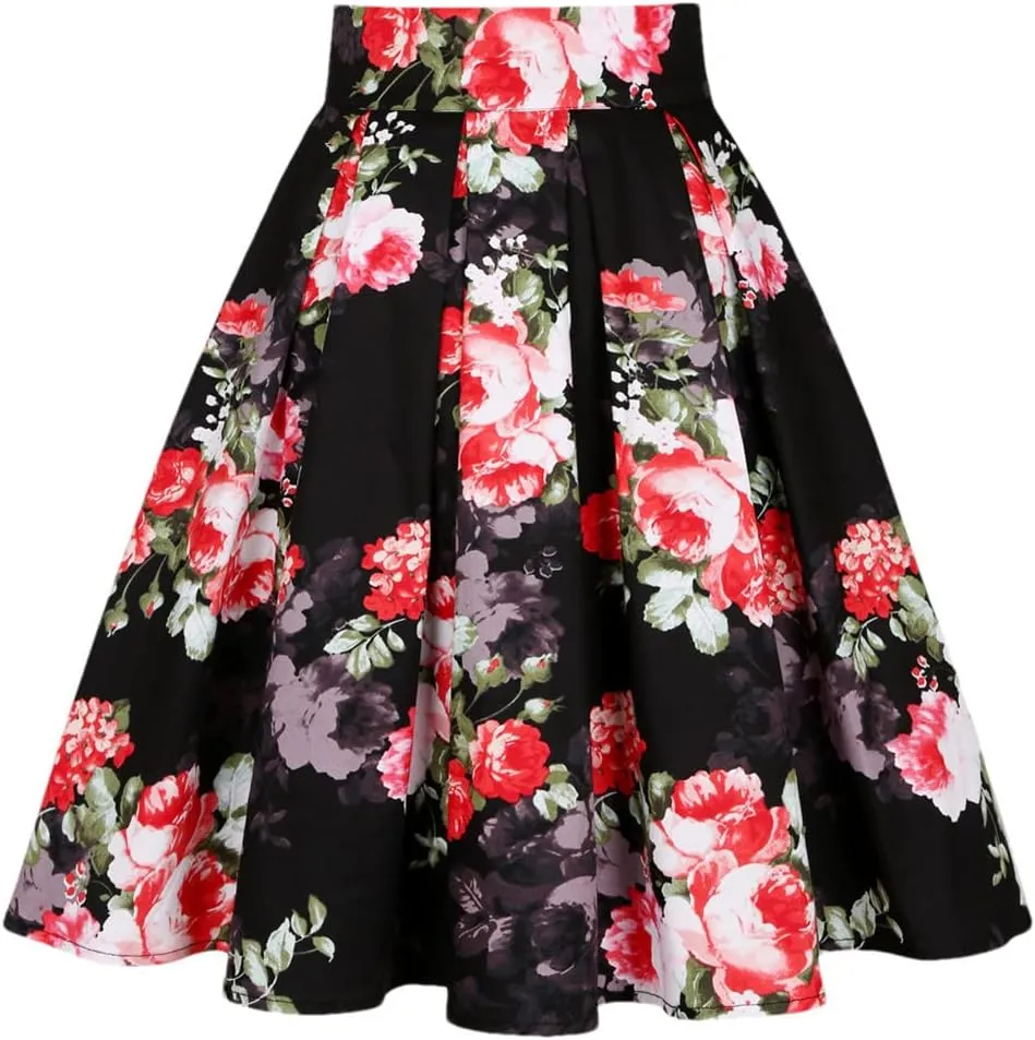 Leaf Birds Retro Floral Print Vintage Pleated Skirts Womens High Waist Midi Swing Skirt