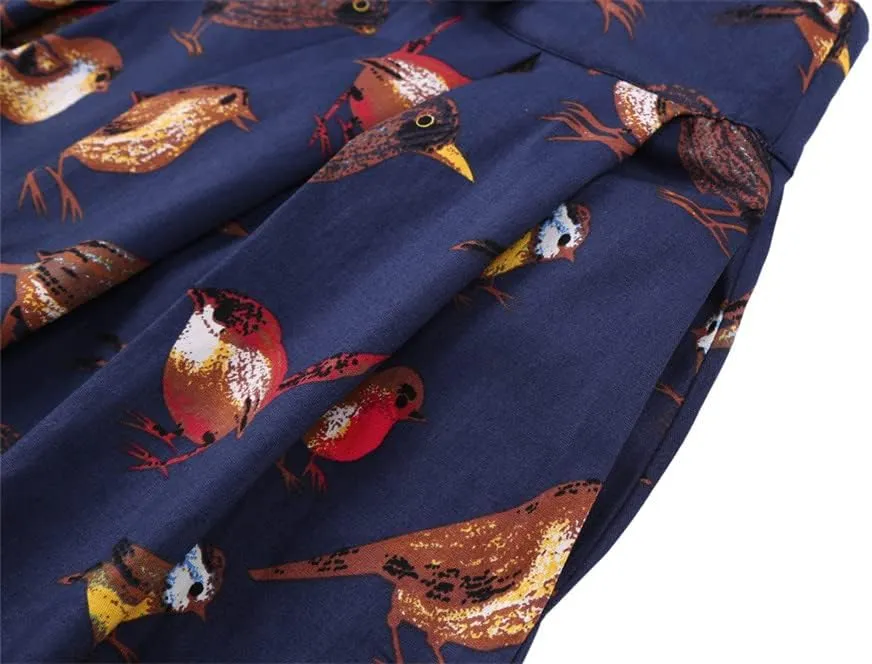 Leaf Birds Retro Floral Print Vintage Pleated Skirts Womens High Waist Midi Swing Skirt