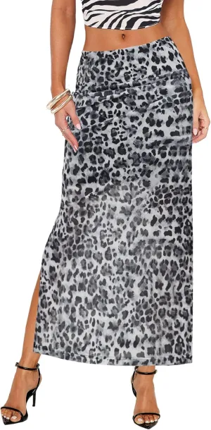 Leopard Print Maxi Skirts for Women Bodycon High Waisted A-Line Vacation Mesh Long Slit Skirt