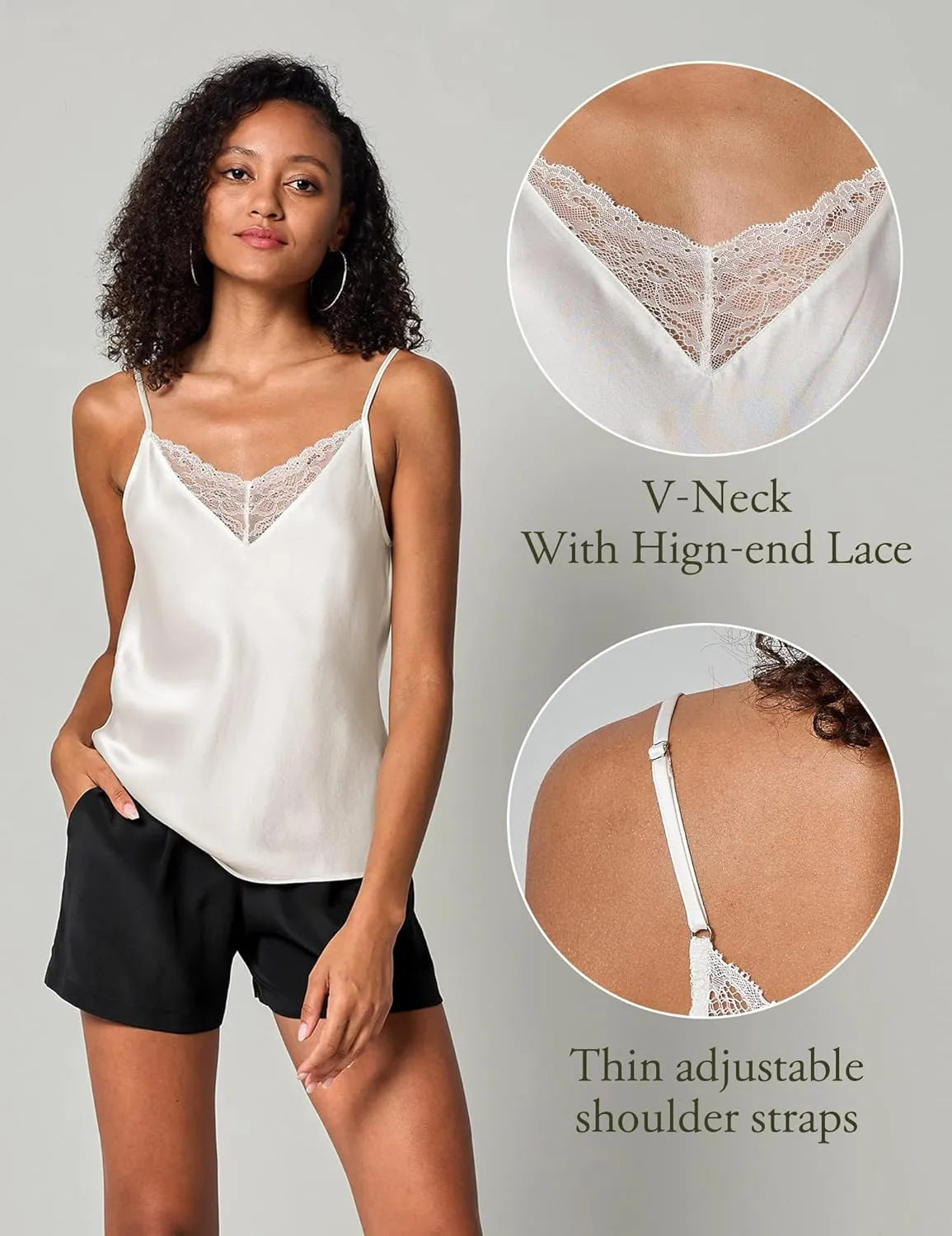 LilySilk Pure Silk Lace Camisole for Women 100% Silk Lingerie Base Layer Adjustable 2-in-1 Summer Tank Tops Ladies