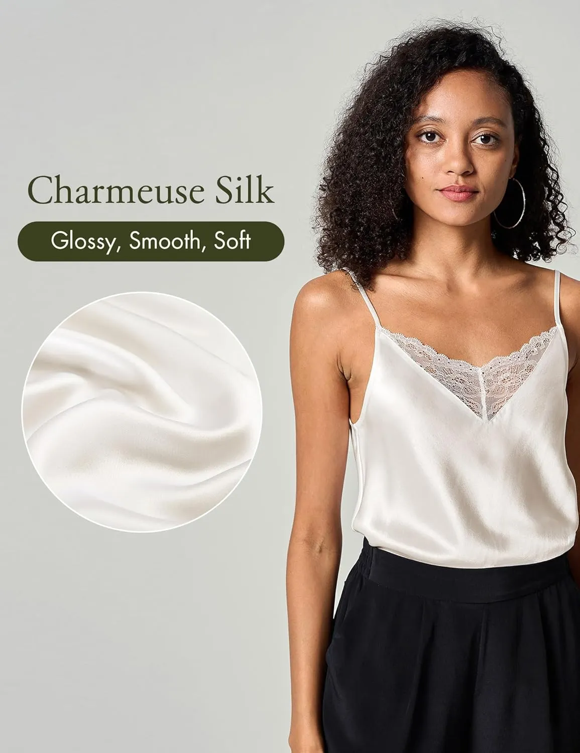 LilySilk Pure Silk Lace Camisole for Women 100% Silk Lingerie Base Layer Adjustable 2-in-1 Summer Tank Tops Ladies