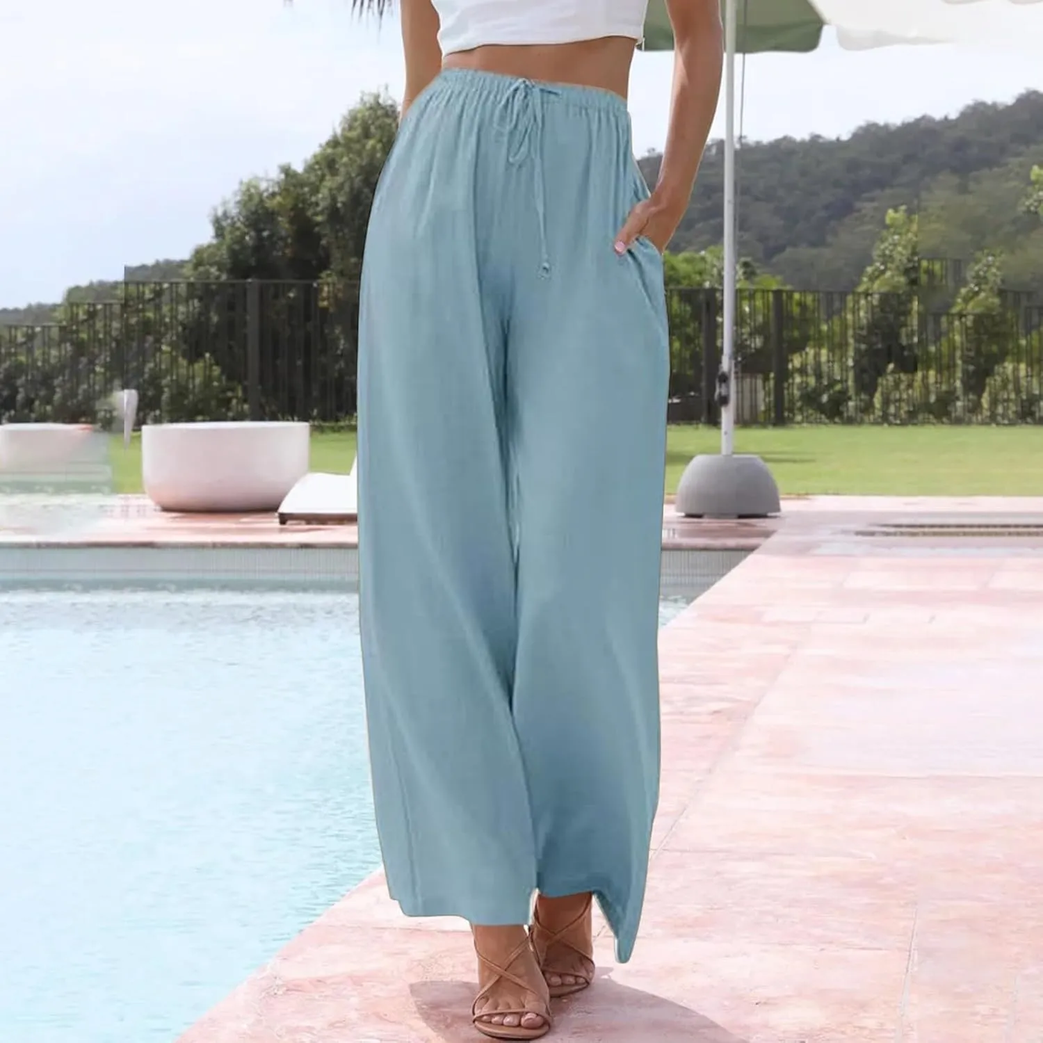 Linen Pants Women Summer Drawstring Elastic Waist Palazzo Trousers Loose Flowy Wide Leg Beach Pants with Pockets