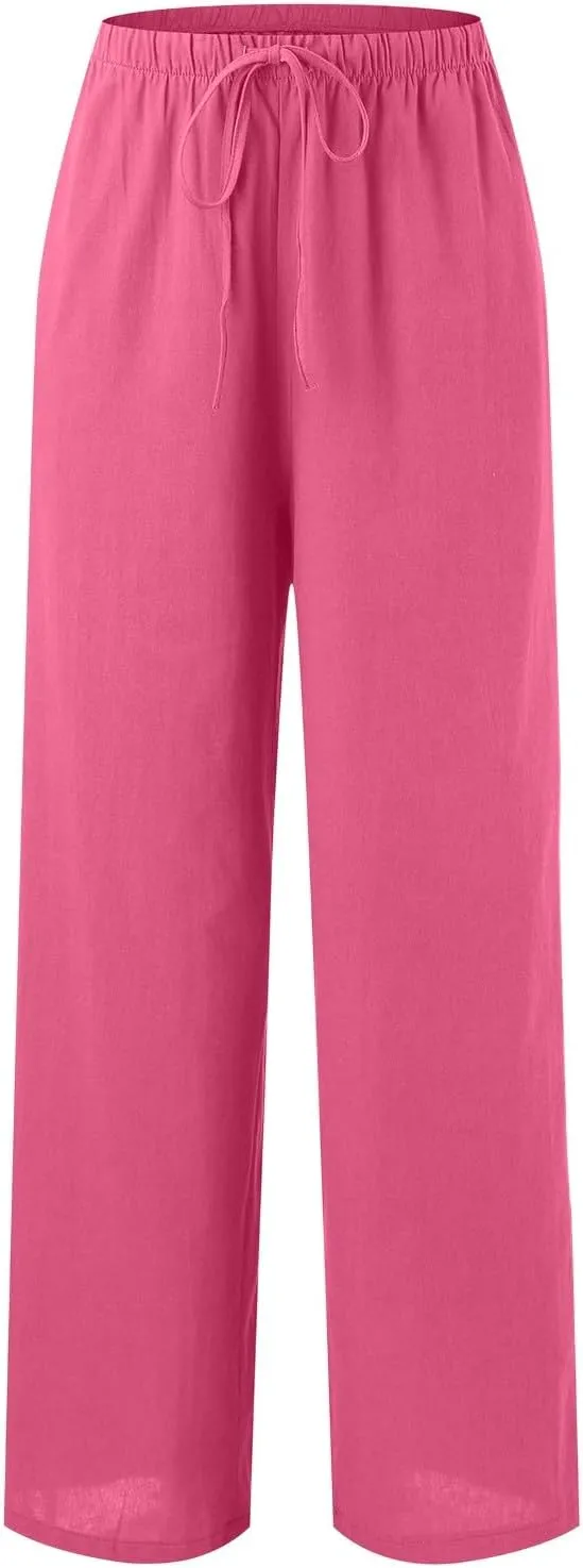 Linen Pants Women Summer Drawstring Elastic Waist Palazzo Trousers Loose Flowy Wide Leg Beach Pants with Pockets
