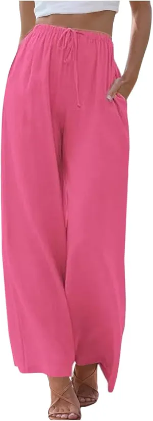 Linen Pants Women Summer Drawstring Elastic Waist Palazzo Trousers Loose Flowy Wide Leg Beach Pants with Pockets