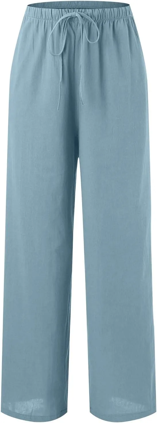 Linen Pants Women Summer Drawstring Elastic Waist Palazzo Trousers Loose Flowy Wide Leg Beach Pants with Pockets
