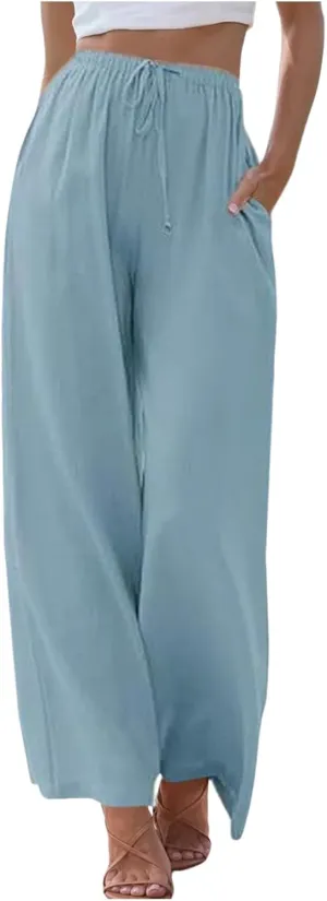 Linen Pants Women Summer Drawstring Elastic Waist Palazzo Trousers Loose Flowy Wide Leg Beach Pants with Pockets