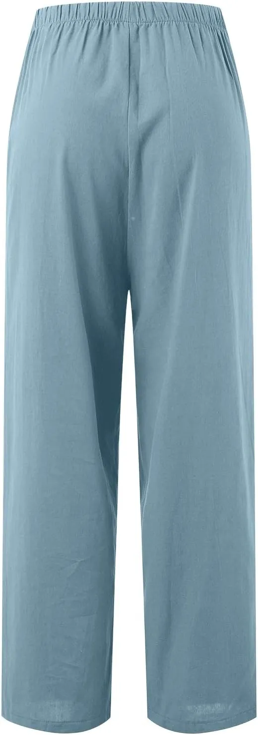 Linen Pants Women Summer Drawstring Elastic Waist Palazzo Trousers Loose Flowy Wide Leg Beach Pants with Pockets