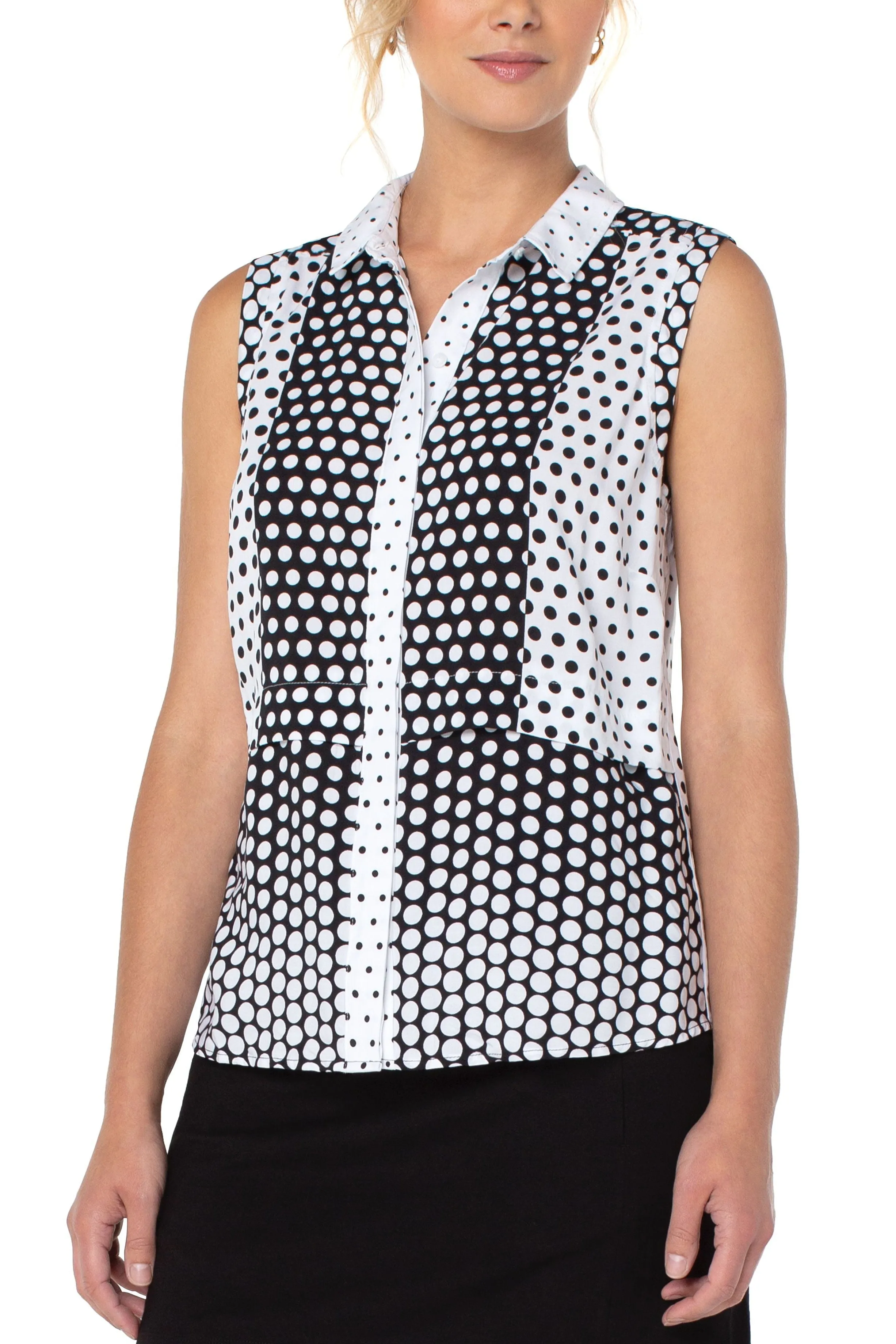 Liverpool Hidden Placket Sleeveless Button Front Shirt In Black And White Print