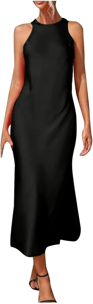 Lmdudan Women's Bodycon Maxi Dresses Satin Lounge Tank Long Dresses Elegant Halter Neck Casual Sleeveless Summer Dress