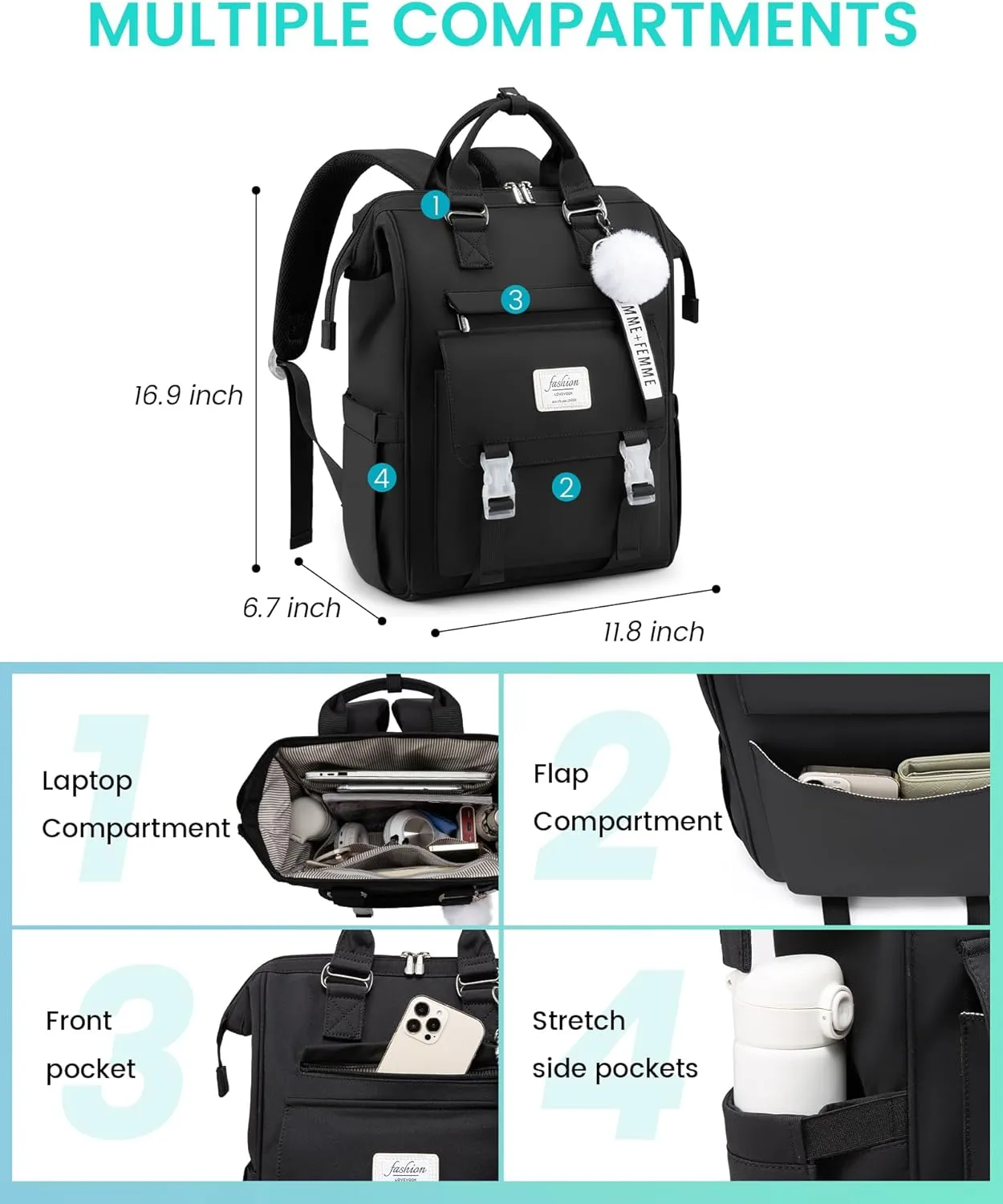 LOVEVOOK School Backpack for Student,15.6 Inch College Backpack, Light Weight Cute Bookbag for Girls, Waterproof Casual Daypack Laptop Backpack fits School Travel CasualBlack