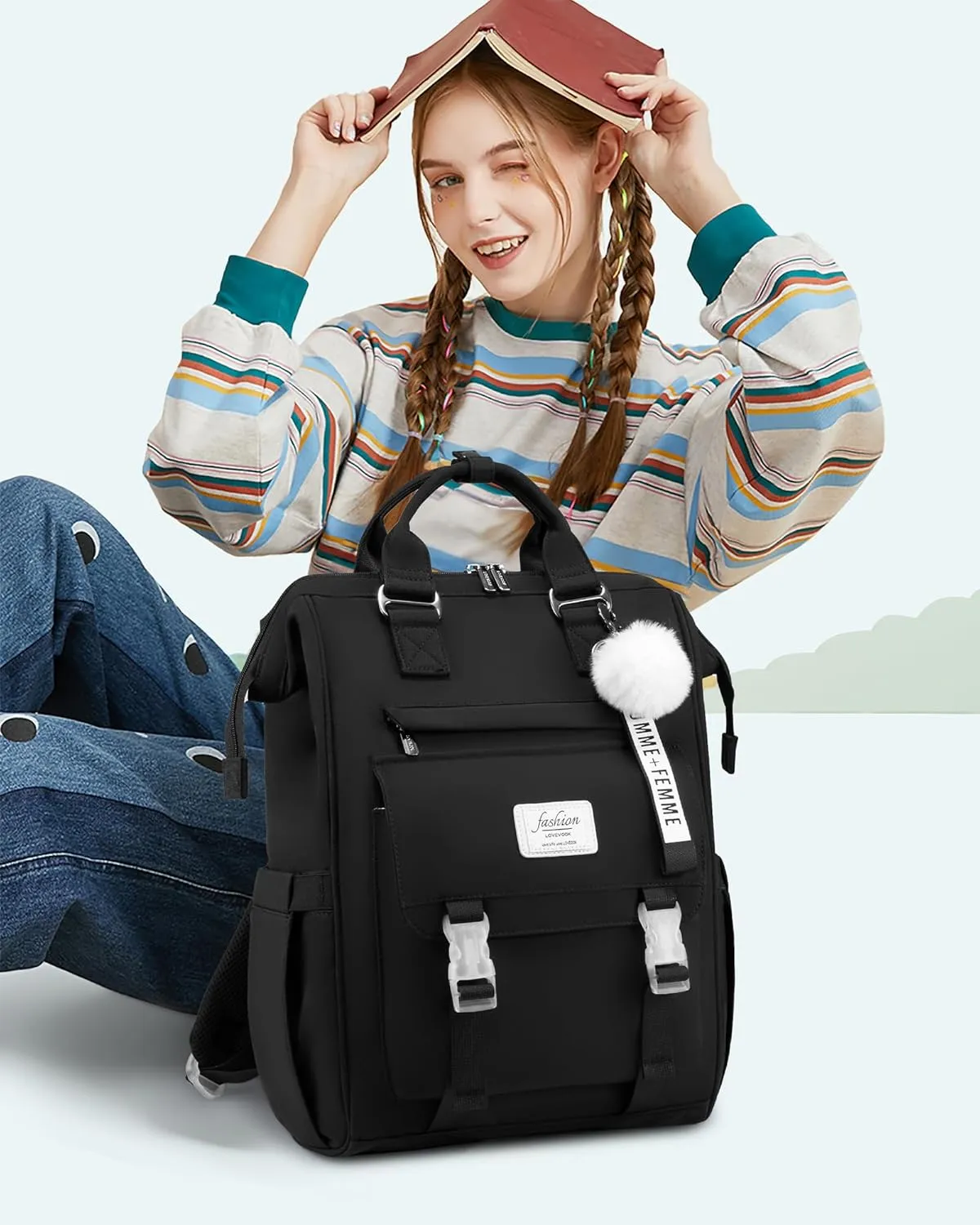 LOVEVOOK School Backpack for Student,15.6 Inch College Backpack, Light Weight Cute Bookbag for Girls, Waterproof Casual Daypack Laptop Backpack fits School Travel CasualBlack