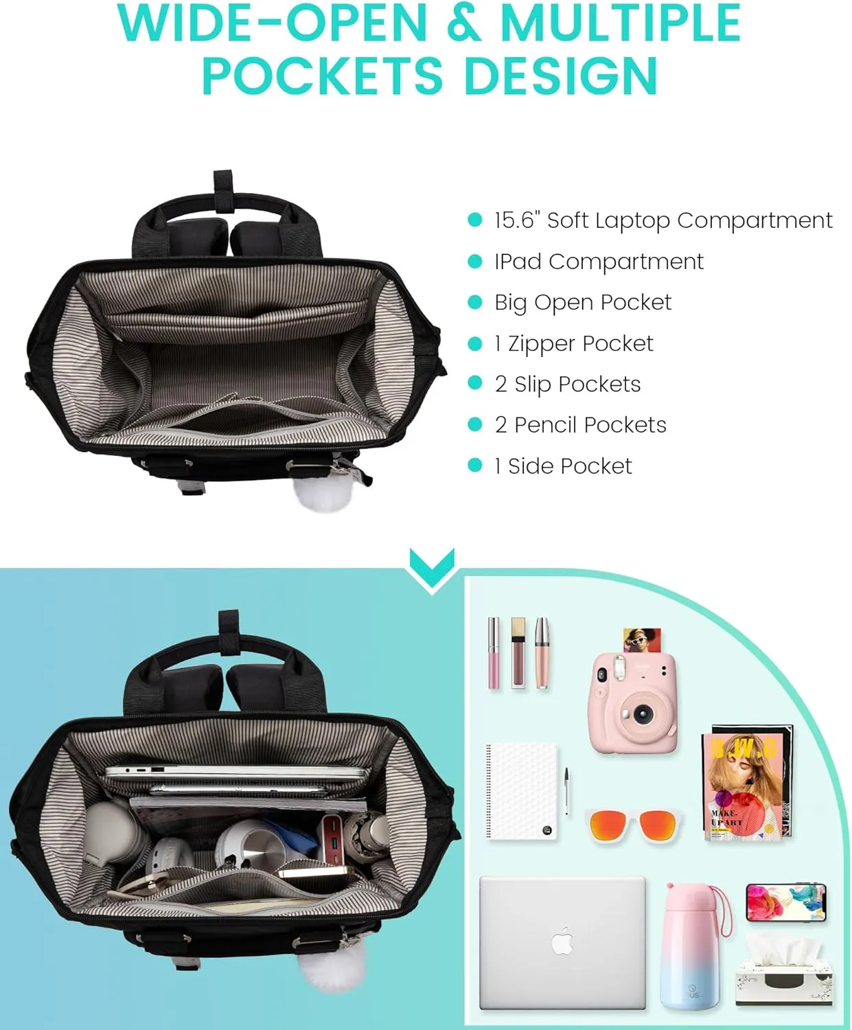 LOVEVOOK School Backpack for Student,15.6 Inch College Backpack, Light Weight Cute Bookbag for Girls, Waterproof Casual Daypack Laptop Backpack fits School Travel CasualBlack