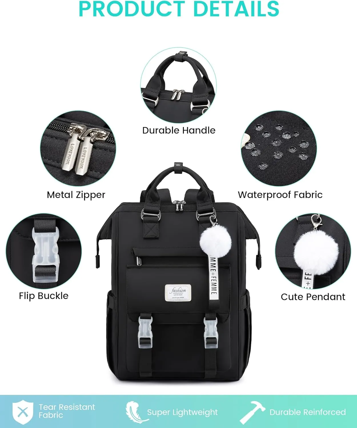 LOVEVOOK School Backpack for Student,15.6 Inch College Backpack, Light Weight Cute Bookbag for Girls, Waterproof Casual Daypack Laptop Backpack fits School Travel CasualBlack