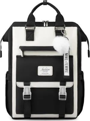 LOVEVOOK School Backpack for Student,15.6 Inch College Backpack, Light Weight Cute Bookbag for Girls, Waterproof Casual Daypack Laptop Backpack fits School Travel CasualBlack&Beige