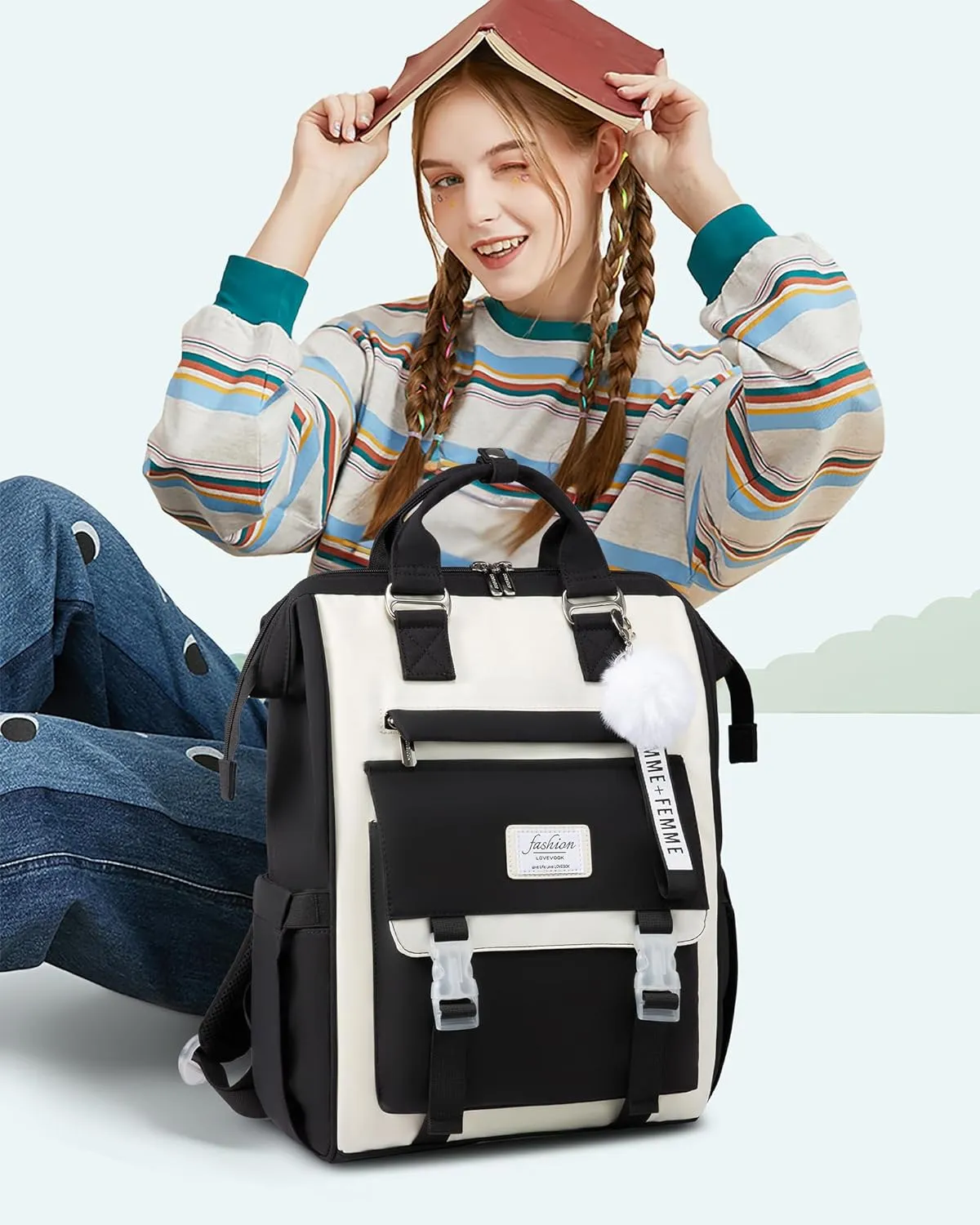 LOVEVOOK School Backpack for Student,15.6 Inch College Backpack, Light Weight Cute Bookbag for Girls, Waterproof Casual Daypack Laptop Backpack fits School Travel CasualBlack&Beige